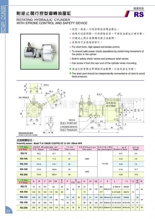 佳賀中實高速短型附逆止閥行控型回轉(zhuǎn)油壓缸 RS